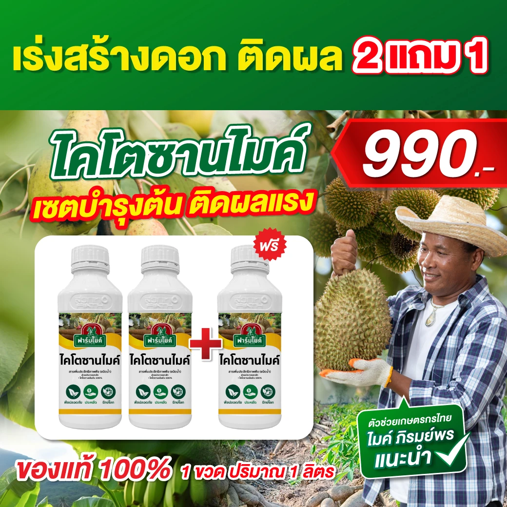 ไคโตซานไมค์ 2 ขวด เเถม 1 ขวด ไมค์ ภิรมย์พร แนะนำ ผลดก ยกสวน ได้น้ำหนัก สีสดรสหวาน เร่งโต  ตัวช่วยเพิ่มคุณภาพผลผลิตที่เกษตรกรไว้วางใจ